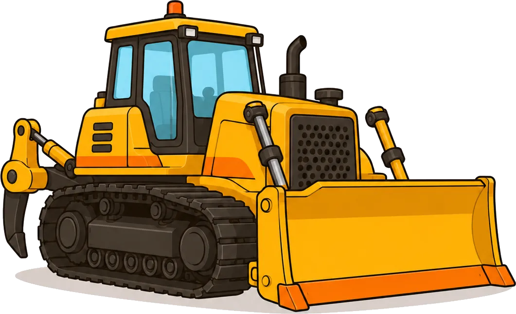 Tecknad gul bulldozer med brett blad framtill och larvband