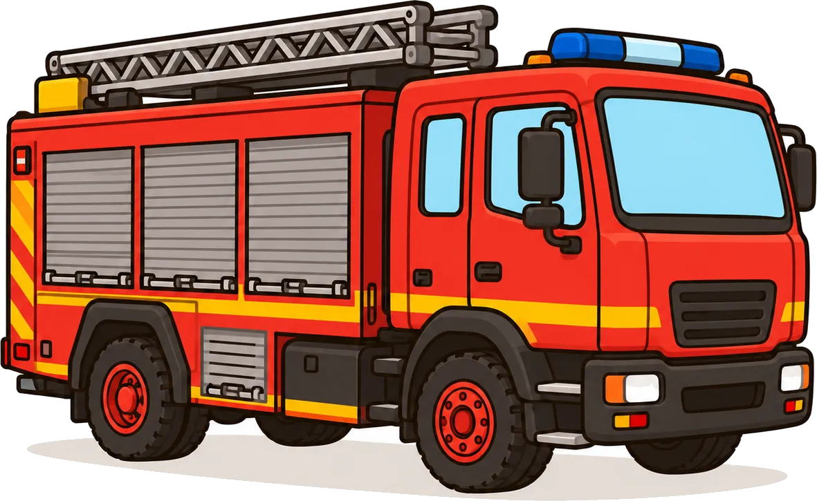Tecknad röd brandbil med stege på taket och blått blixtljus