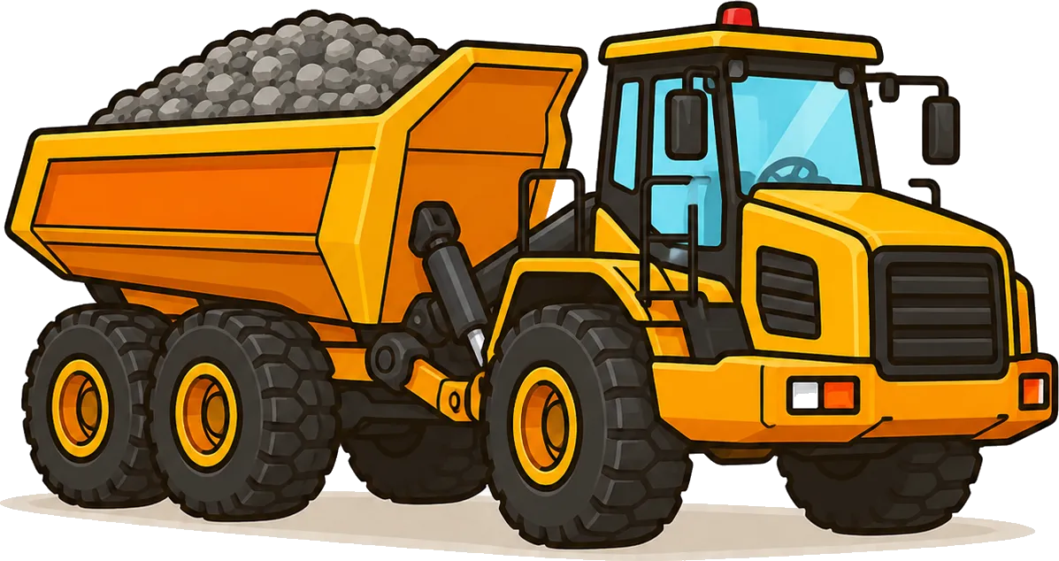 Tecknad ledad dumper med flaket fullt av grus